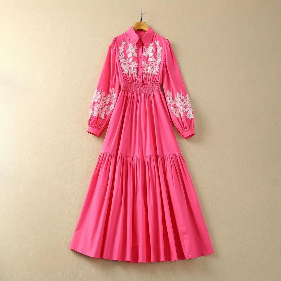 긴팔 라펠 꽃 자수 패션 코튼 플리츠 원피스, 유럽과 미국 여성복, XXL, 2024 용수철 신상